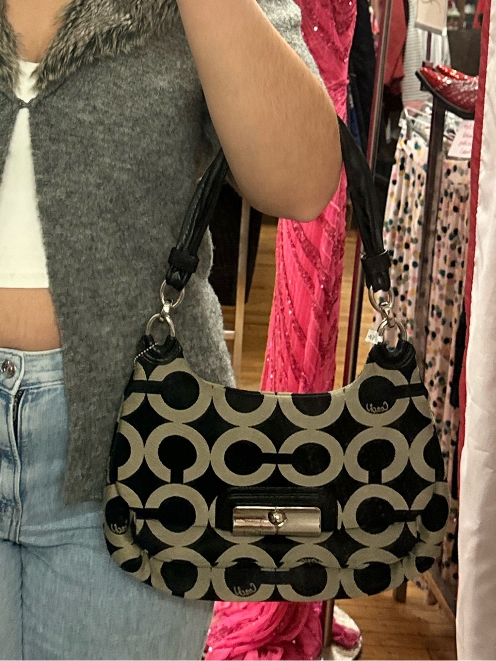 Coach Kristin Signature Op Art Hobo Shoulder Bag C Logo Print Pink Interior Y2K